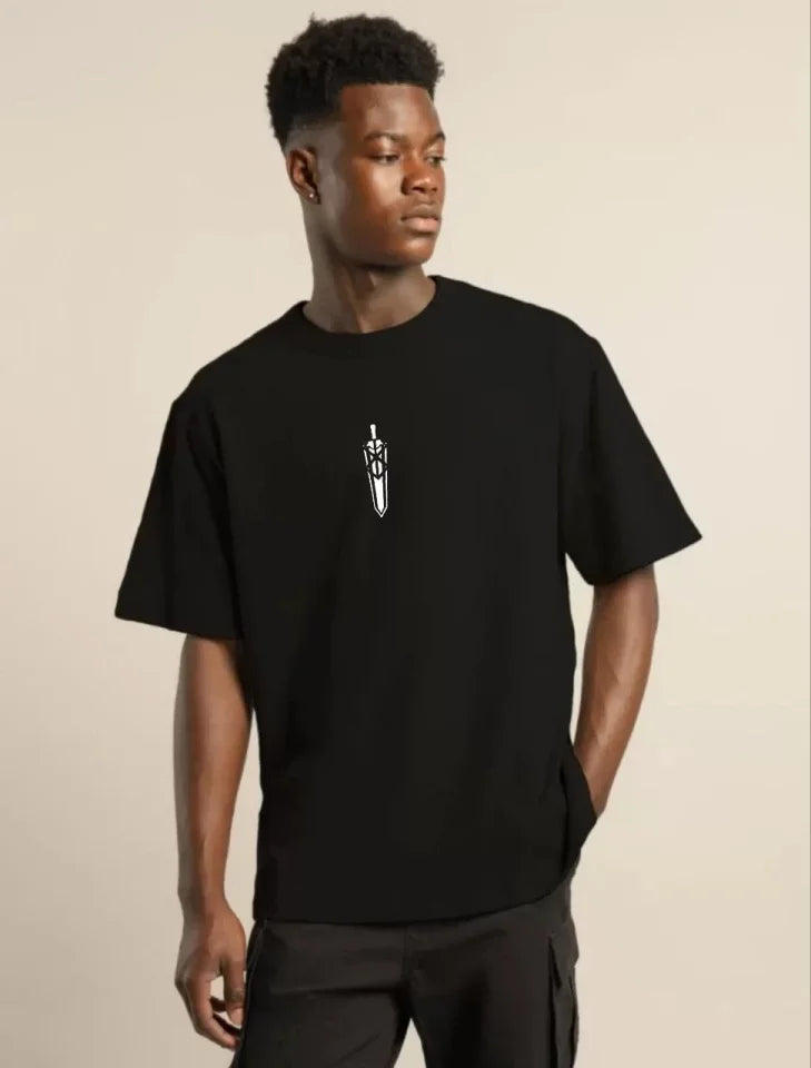 Unisex Bisiklet Yaka Baskılı Oversize T-Shirt - Siyah (104351)