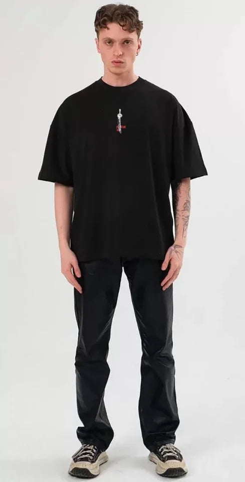 Unisex Bisiklet Yaka Baskılı Oversize T-Shirt - Siyah (104353)