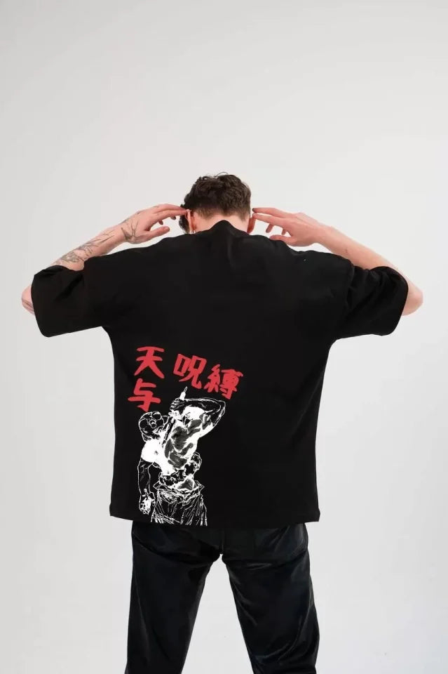 Unisex Bisiklet Yaka Baskılı Oversize T-Shirt - Siyah (104353)