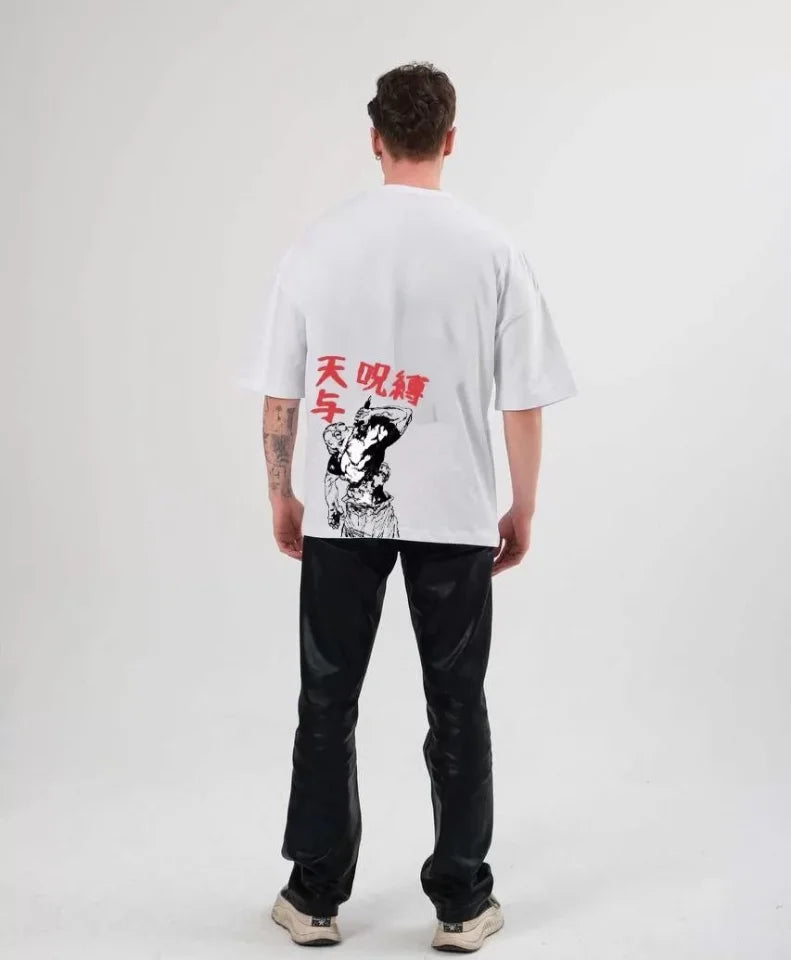 Unisex Bisiklet Yaka Baskılı Oversize T-Shirt - Beyaz (104354)