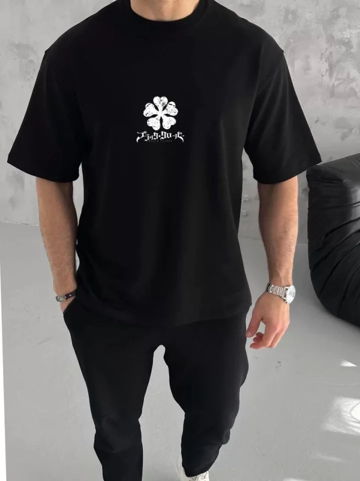 Unisex Bisiklet Yaka Baskılı Oversize T-Shirt - Siyah (104355)