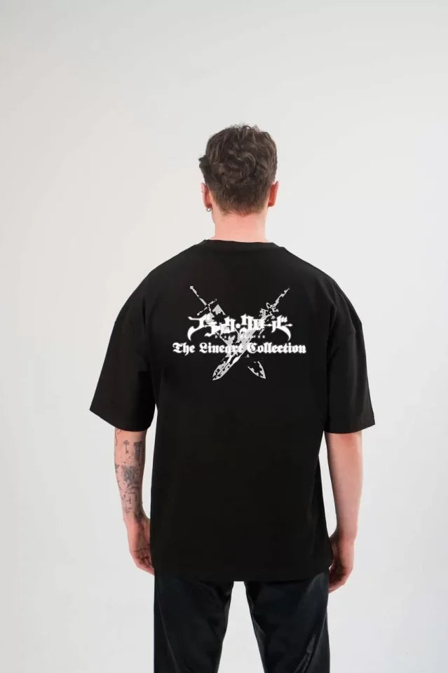 Unisex Bisiklet Yaka Baskılı Oversize T-Shirt - Siyah (104355)