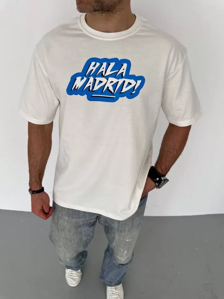 Unisex Bisiklet Yaka Baskılı Oversize T-Shirt - Beyaz (104358)