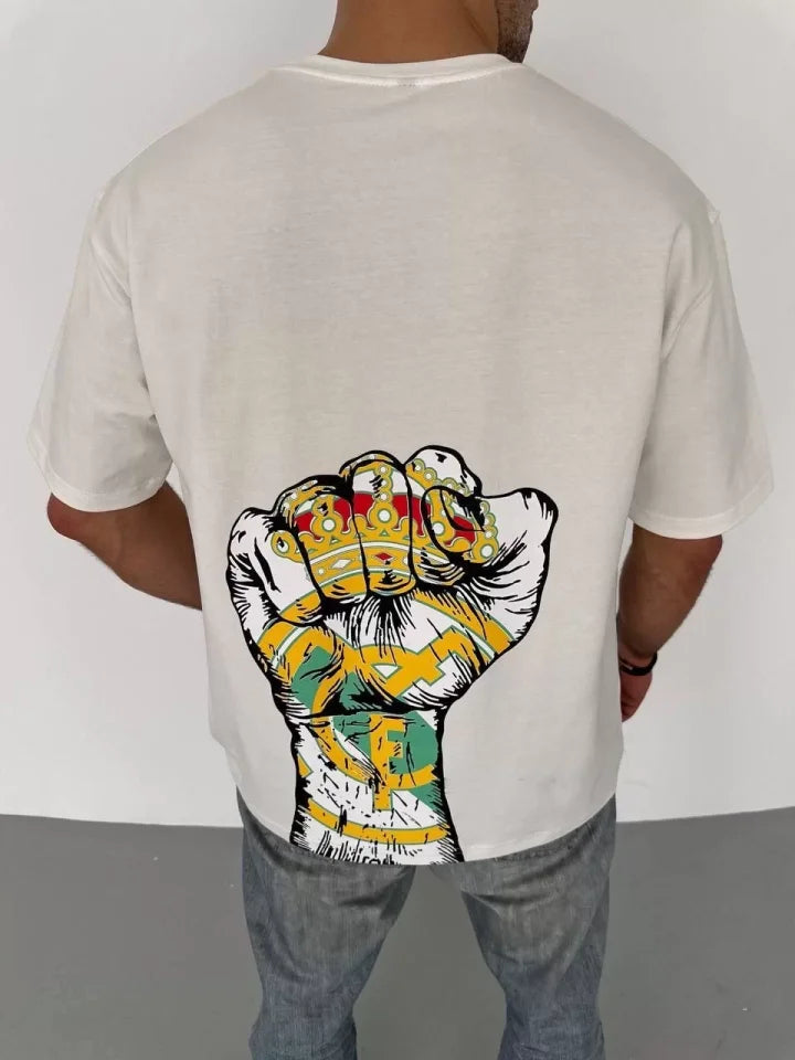 Unisex Bisiklet Yaka Baskılı Oversize T-Shirt - Beyaz (104358)