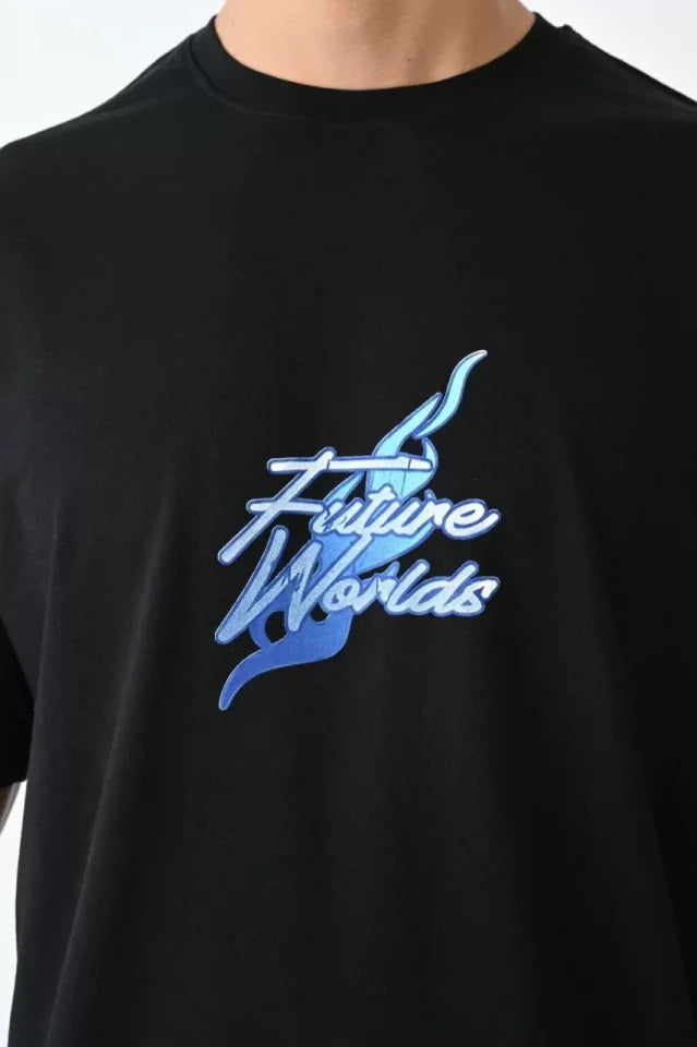 Unisex Bisiklet Yaka Baskılı Oversize T-Shirt - Siyah (104372)