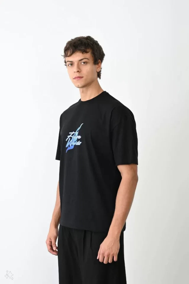 Unisex Bisiklet Yaka Baskılı Oversize T-Shirt - Siyah (104372)