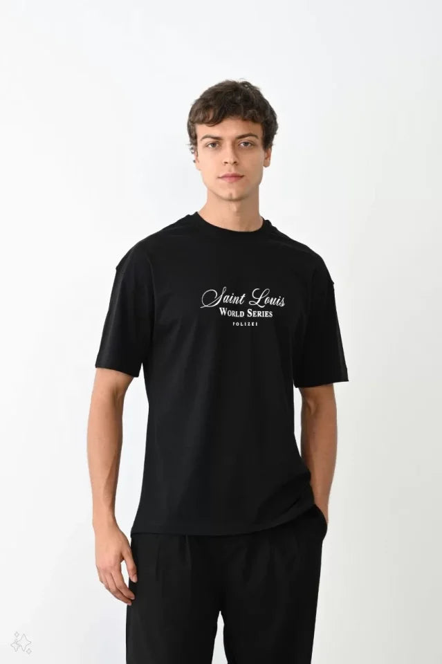 Unisex Bisiklet Yaka Baskılı Oversize T-Shirt - Siyah (104374)