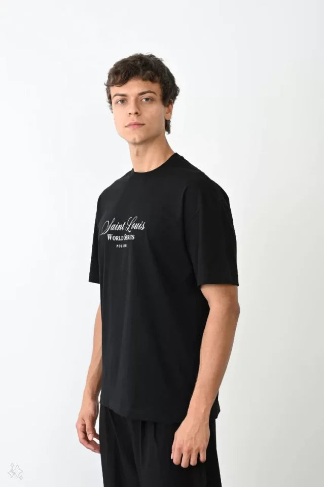 Unisex Bisiklet Yaka Baskılı Oversize T-Shirt - Siyah (104374)