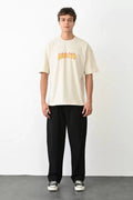Unisex Bisiklet Yaka Baskılı Oversize T-Shirt - Beyaz (104377)