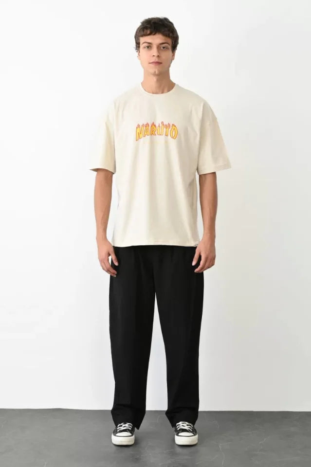 Unisex Bisiklet Yaka Baskılı Oversize T-Shirt - Beyaz (104377)