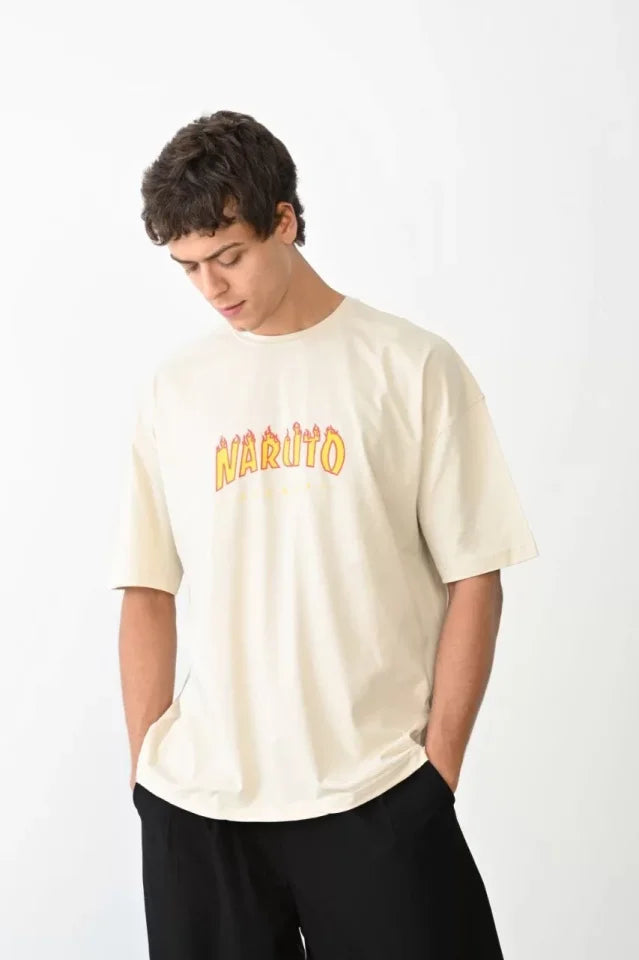 Unisex Bisiklet Yaka Baskılı Oversize T-Shirt - Beyaz (104377)