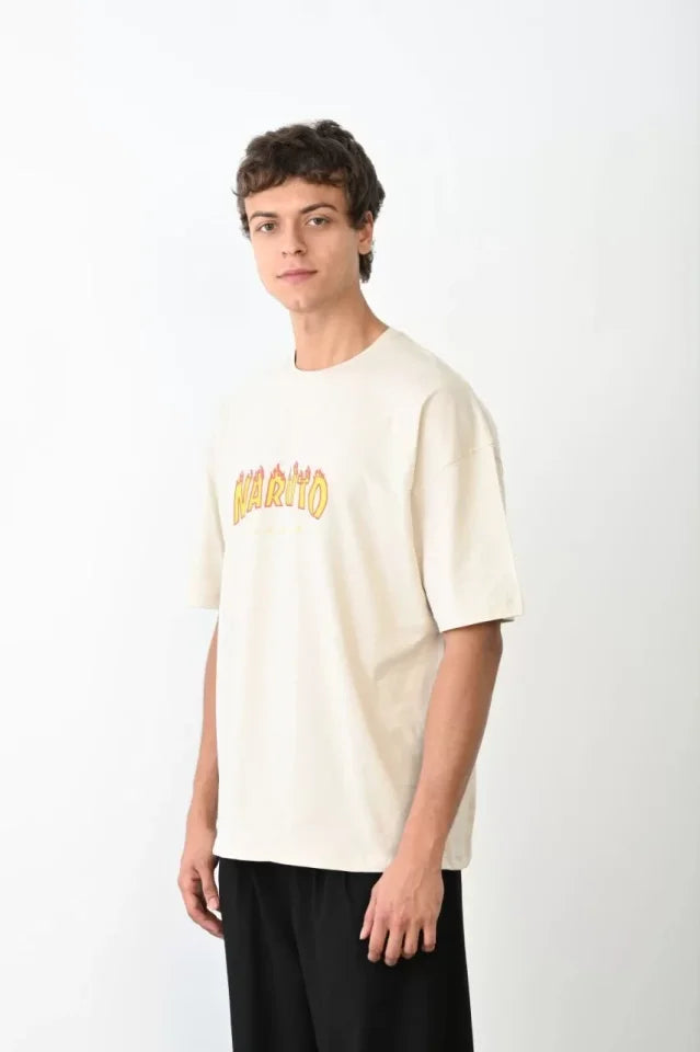 Unisex Bisiklet Yaka Baskılı Oversize T-Shirt - Beyaz (104377)