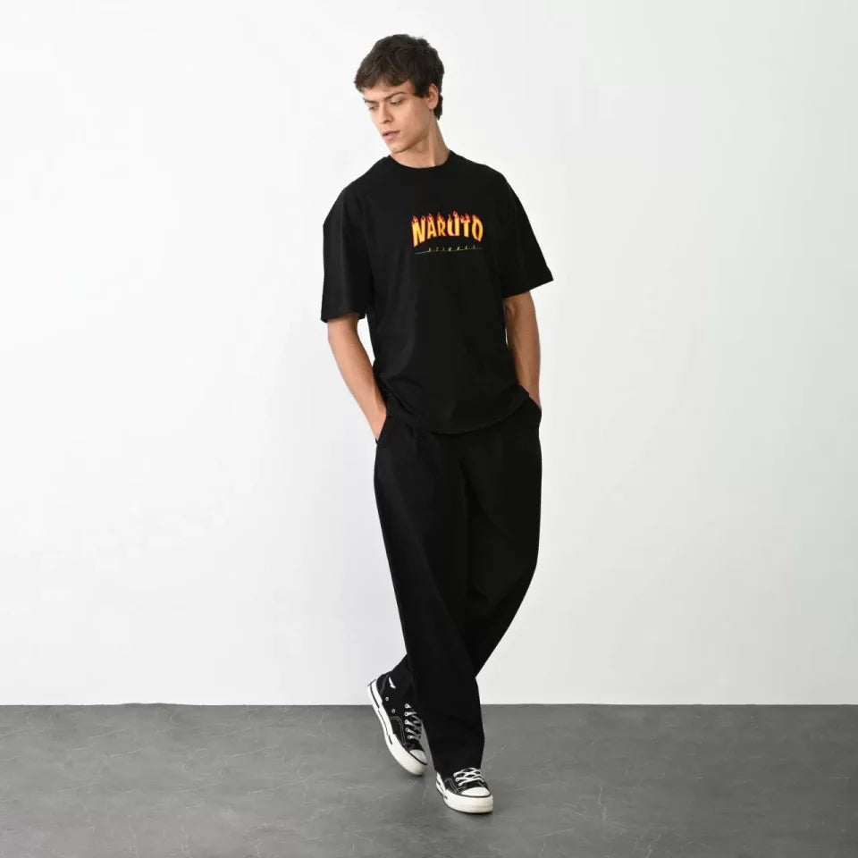 Unisex Bisiklet Yaka Baskılı Oversize T-Shirt - Siyah (104378)