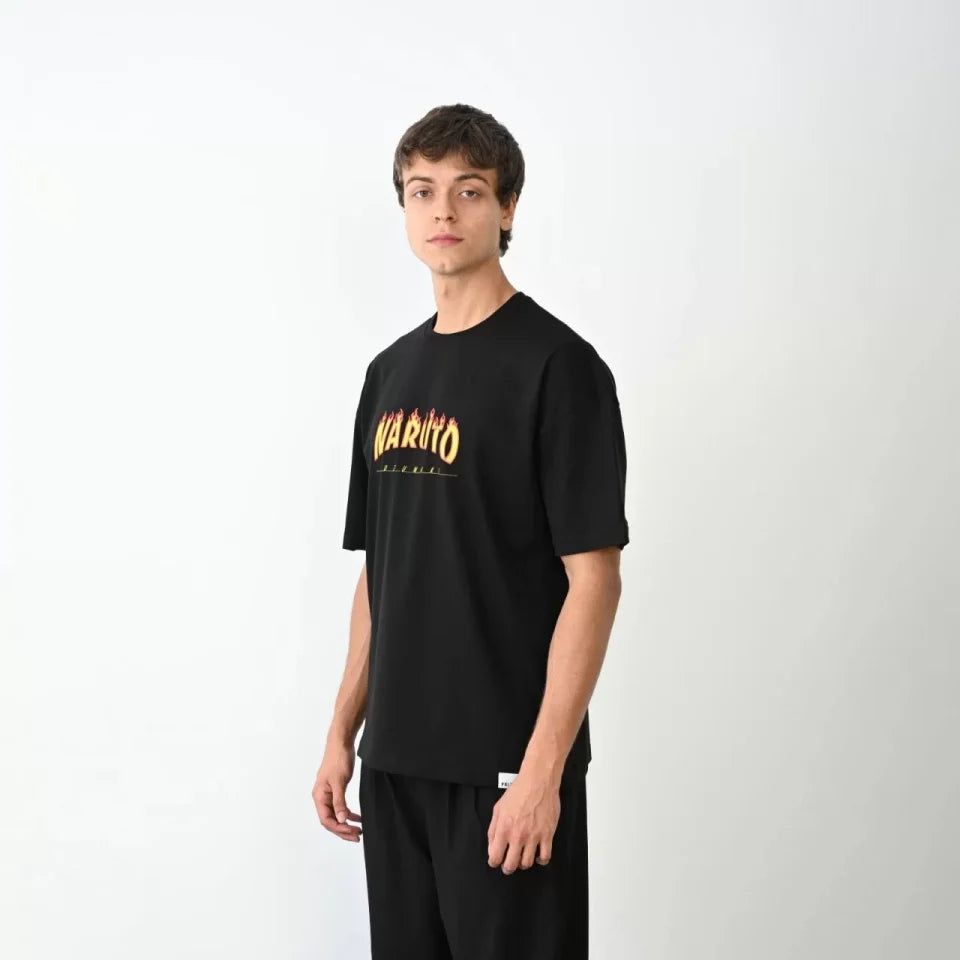 Unisex Bisiklet Yaka Baskılı Oversize T-Shirt - Siyah (104378)