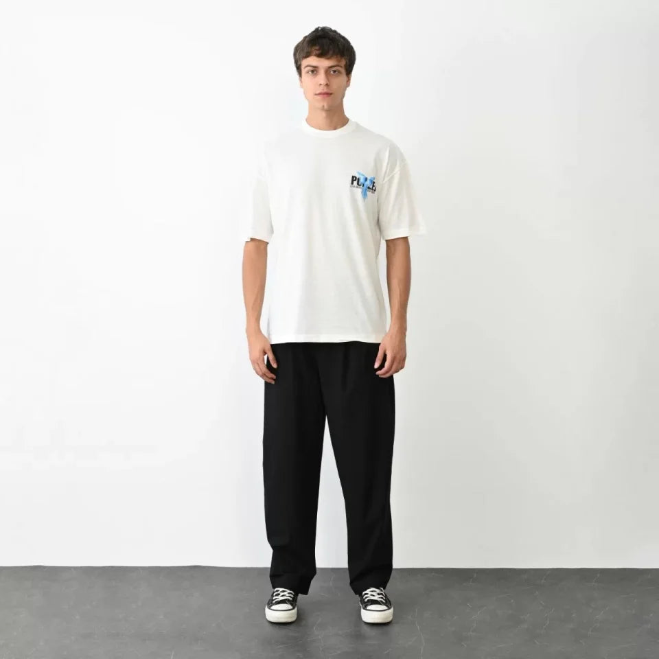 Unisex Bisiklet Yaka Baskılı Oversize T-Shirt - Beyaz (104379)