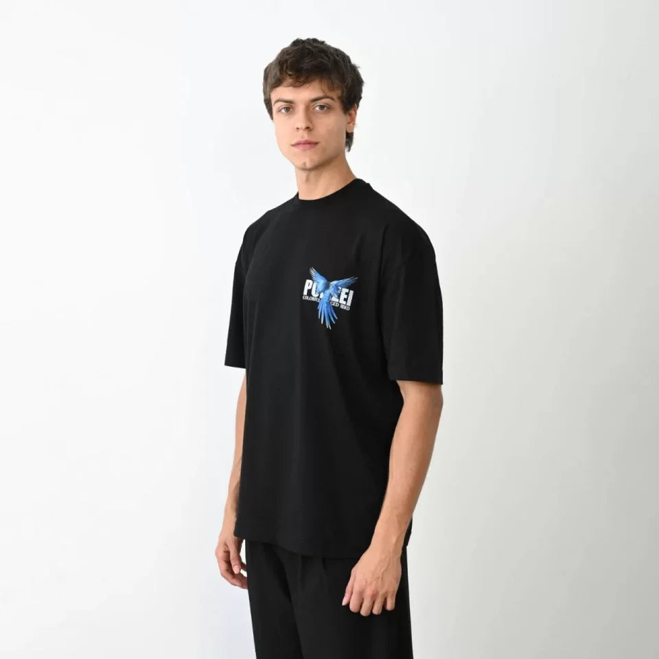 Unisex Bisiklet Yaka Baskılı Oversize T-Shirt - Siyah (104380)
