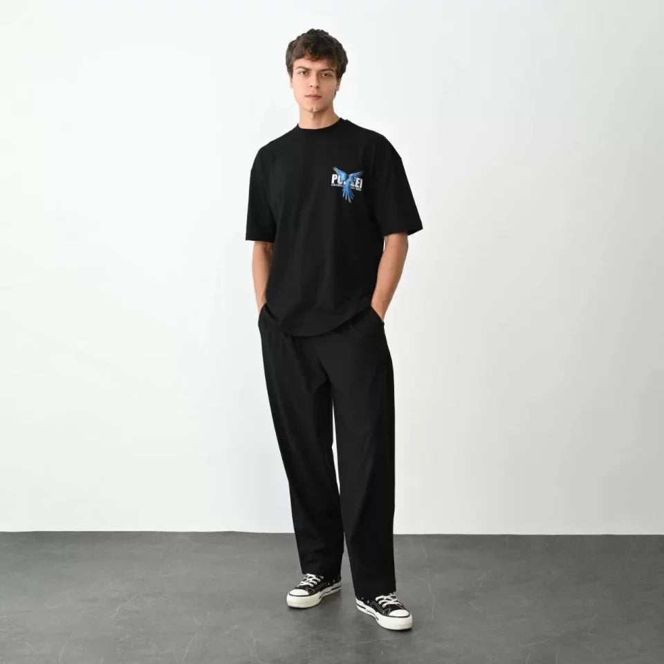Unisex Bisiklet Yaka Baskılı Oversize T-Shirt - Siyah (104380)