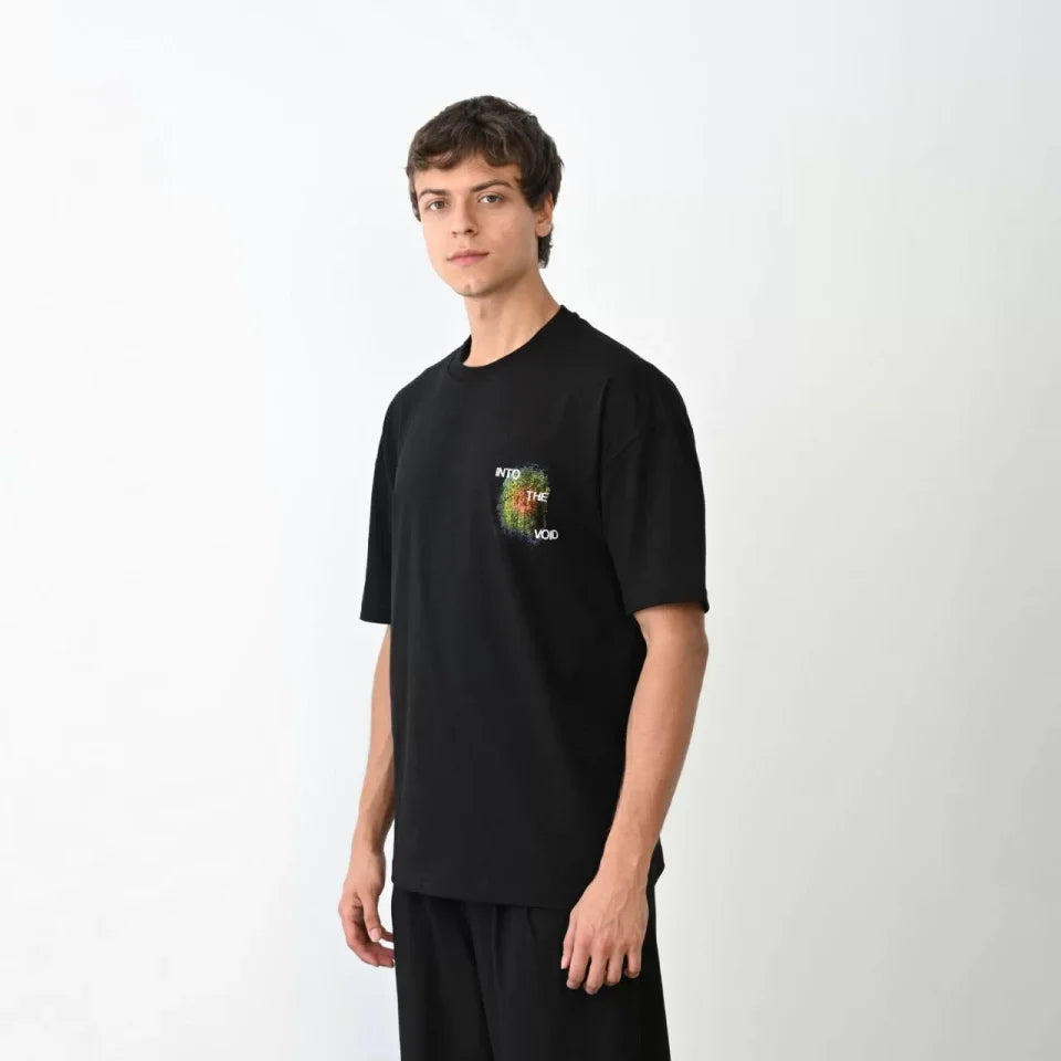 Unisex Bisiklet Yaka Baskılı Oversize T-Shirt - Siyah (104383)