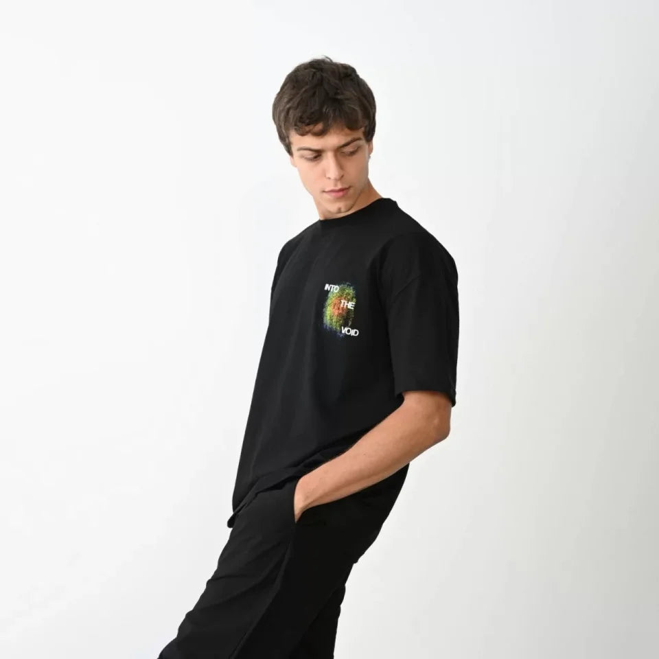 Unisex Bisiklet Yaka Baskılı Oversize T-Shirt - Siyah (104383)