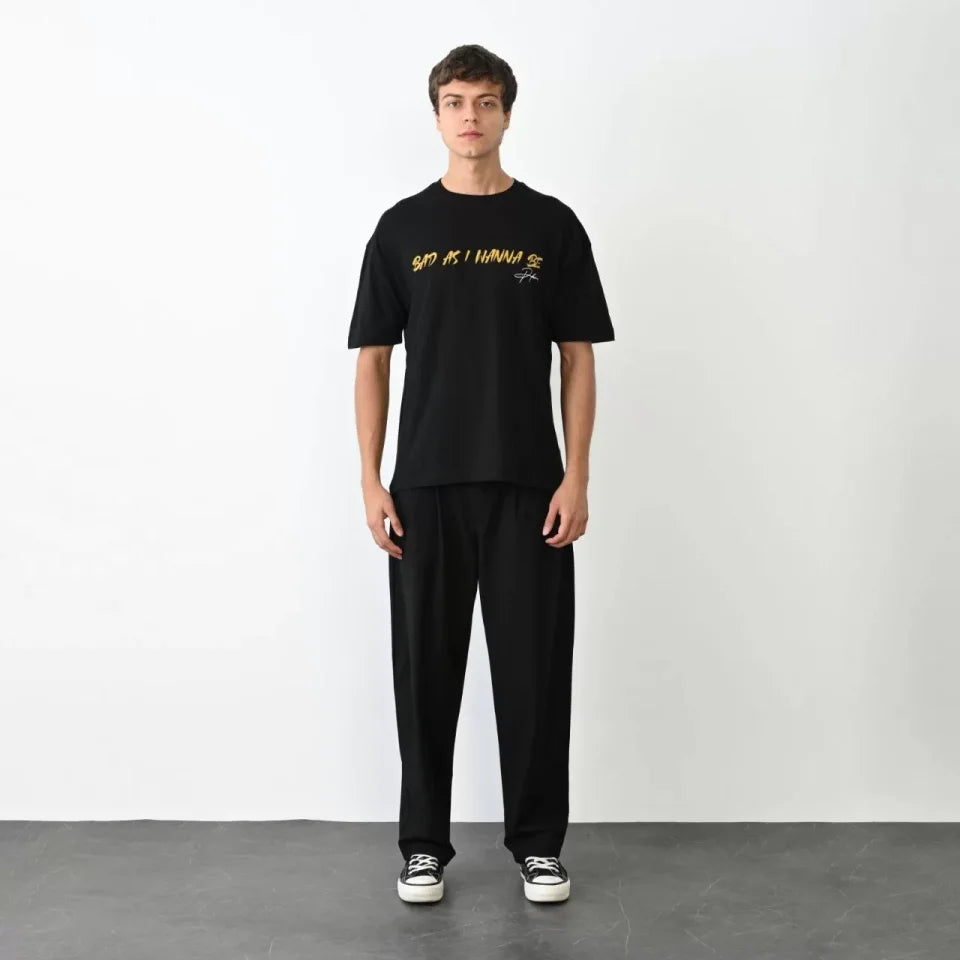 Unisex Bisiklet Yaka Baskılı Oversize T-Shirt - Siyah (104386)