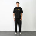 Unisex Bisiklet Yaka Baskılı Oversize T-Shirt - Siyah (104386)