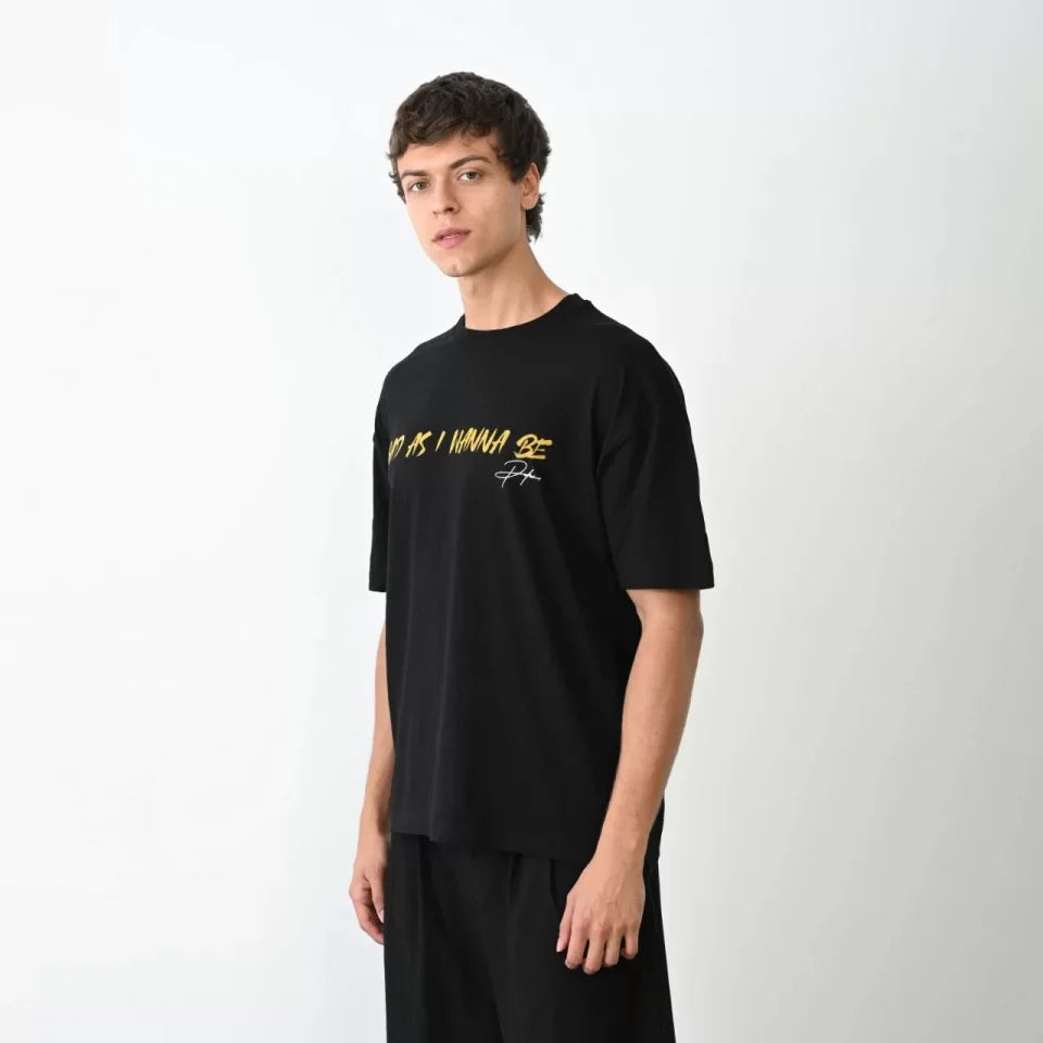 Unisex Bisiklet Yaka Baskılı Oversize T-Shirt - Siyah (104386)