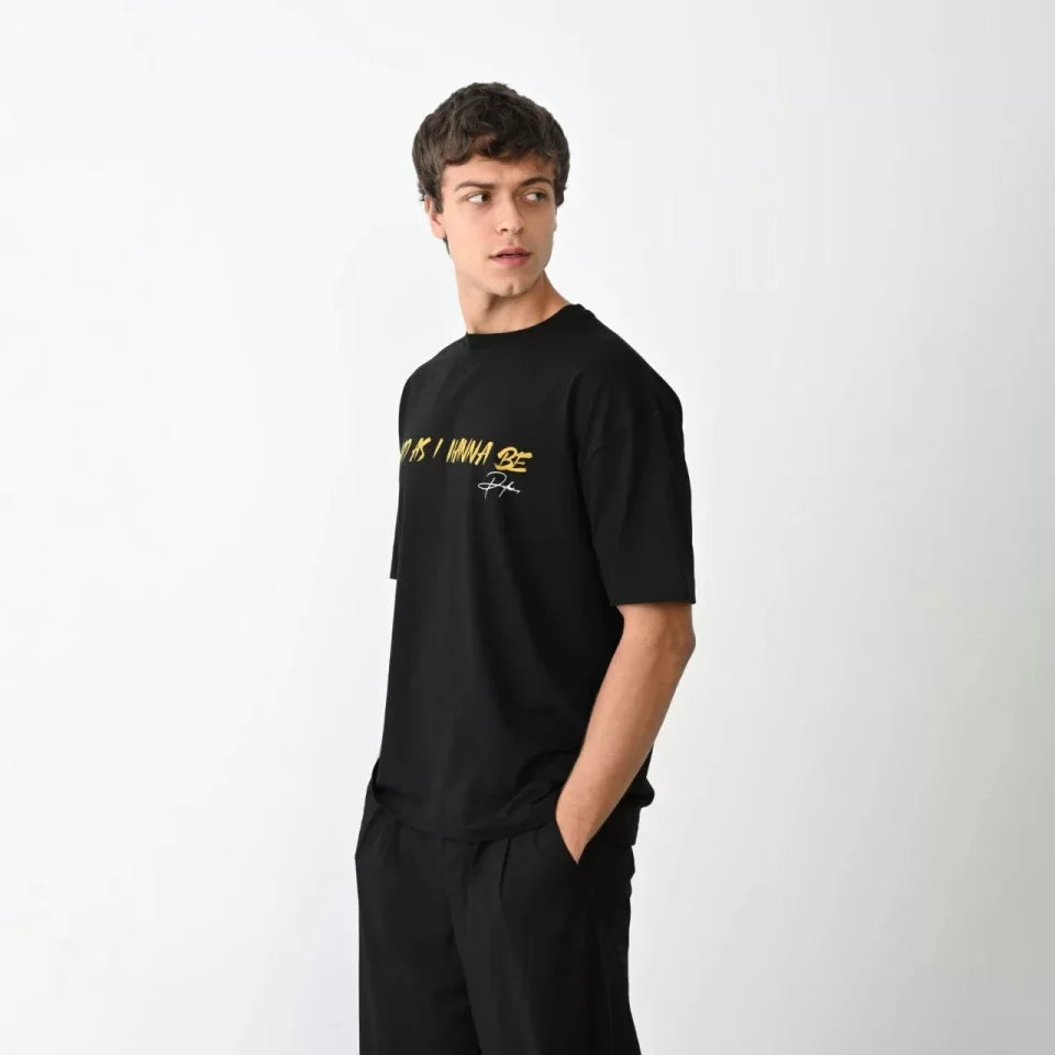 Unisex Bisiklet Yaka Baskılı Oversize T-Shirt - Siyah (104386)