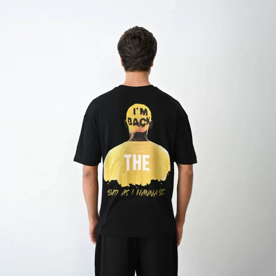Unisex Bisiklet Yaka Baskılı Oversize T-Shirt - Siyah (104386)