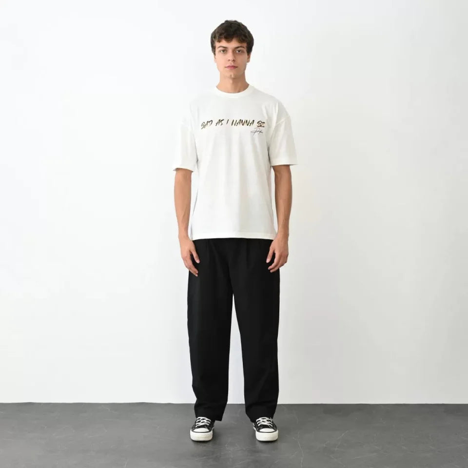 Unisex Bisiklet Yaka Baskılı Oversize T-Shirt - Beyaz (104387)
