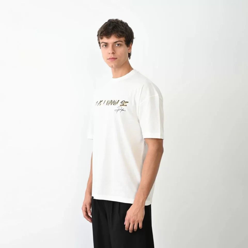Unisex Bisiklet Yaka Baskılı Oversize T-Shirt - Beyaz (104387)