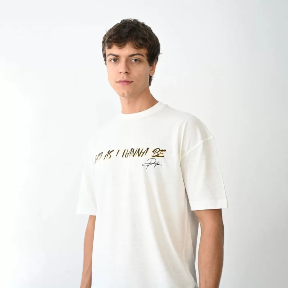 Unisex Bisiklet Yaka Baskılı Oversize T-Shirt - Beyaz (104387)
