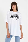 Unisex Bisiklet Yaka Baskılı Oversize T-Shirt - Beyaz (104407)