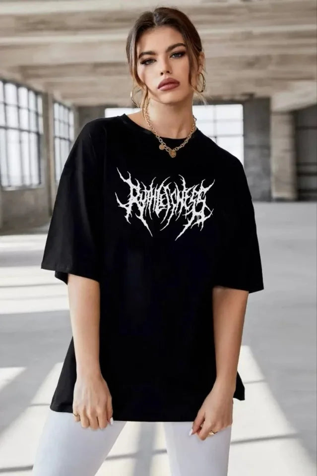 Unisex Bisiklet Yaka Baskılı Oversize T-Shirt - Siyah (104408)