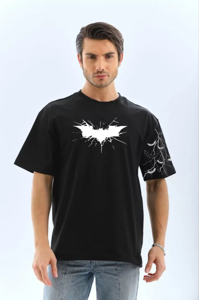 Unisex Ön Ve Kol Baskılı Oversize T-shirt - Siyah (104567)