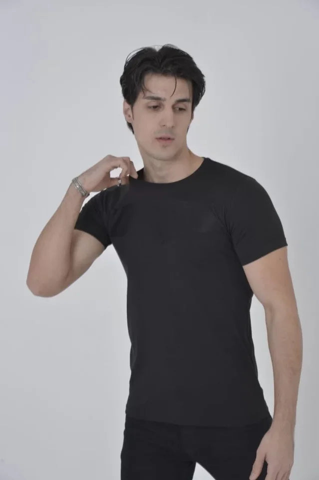 Unisex Göğüs File Aksesuarlı T-shirt - Siyah (104741)