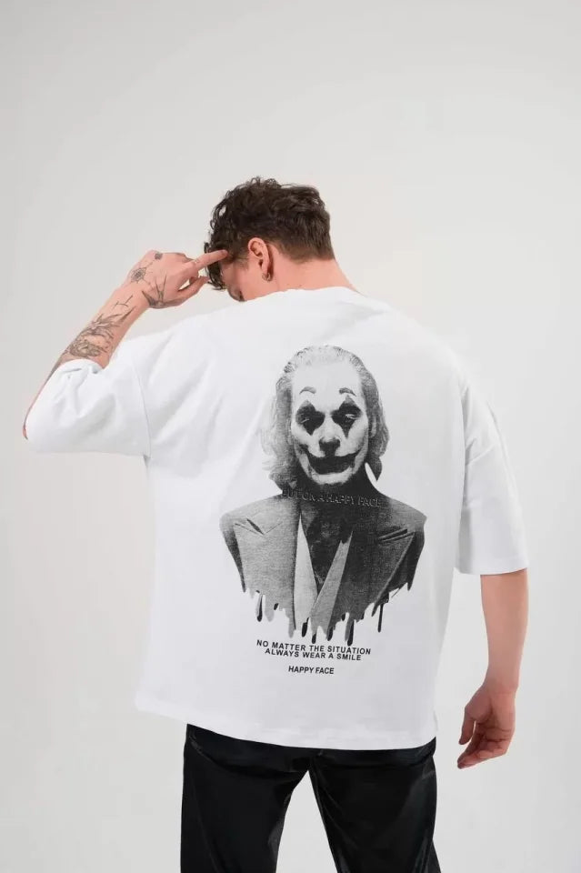 Unisex Bisiklet Yaka Baskılı Oversize T-Shirt - Beyaz (105161)