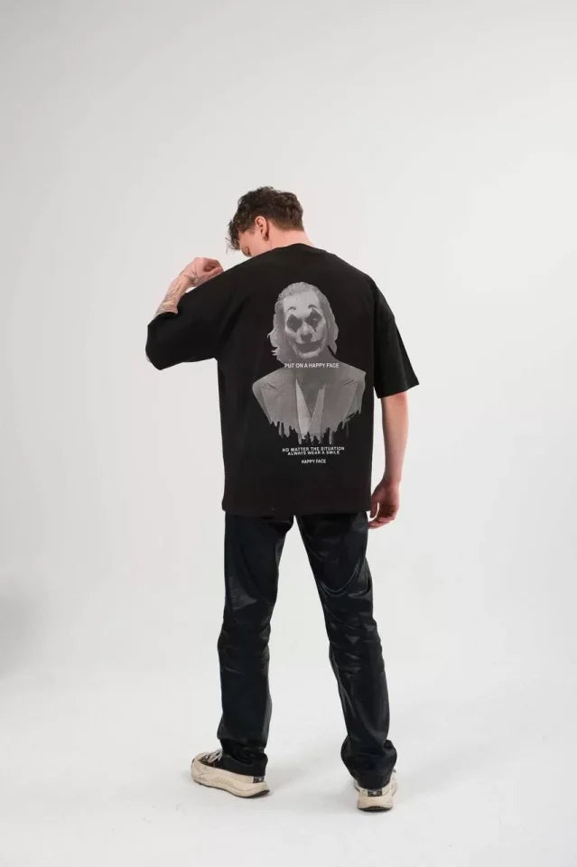 Unisex Bisiklet Yaka Baskılı Oversize T-Shirt - Siyah (105171)