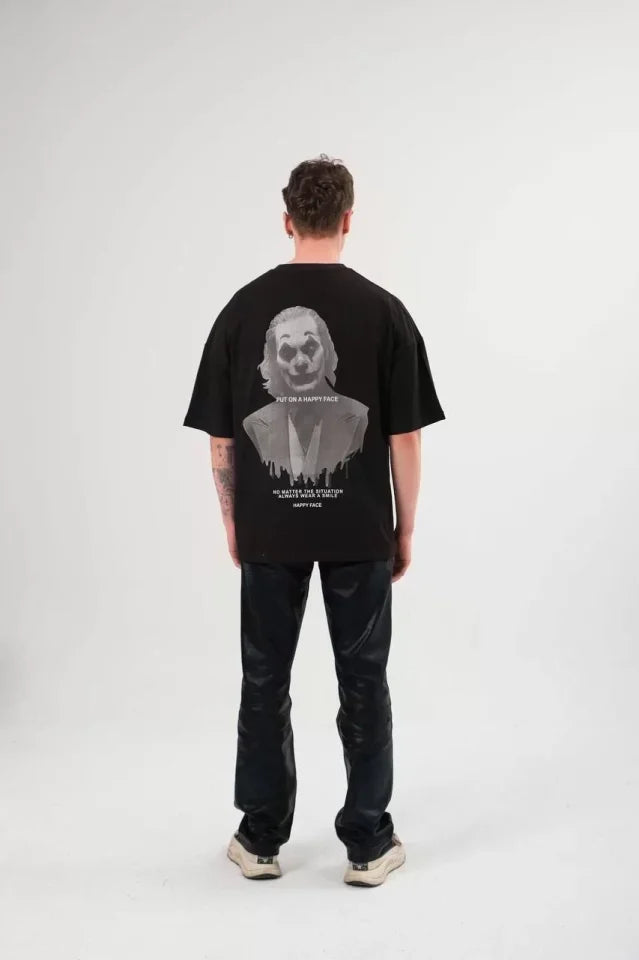 Unisex Bisiklet Yaka Baskılı Oversize T-Shirt - Siyah (105171)