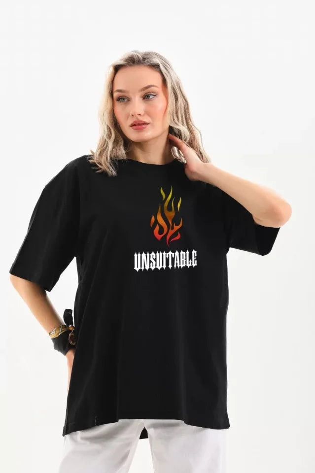 Unisex Bisiklet Yaka Baskılı Oversize T-Shirt - Siyah (106705)