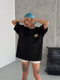 Unisex Bisiklet Yaka Baskılı Oversize T-Shirt - Siyah (106708)