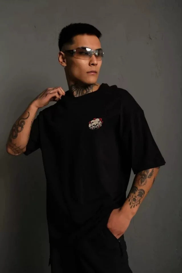 Unisex Bisiklet Yaka Baskılı Oversize T-Shirt - Siyah (106711)