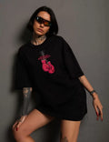 Unisex Bisiklet Yaka Baskılı Oversize T-Shirt - Siyah (106715)