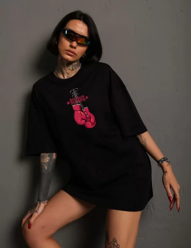 Unisex Bisiklet Yaka Baskılı Oversize T-Shirt - Siyah (106715)