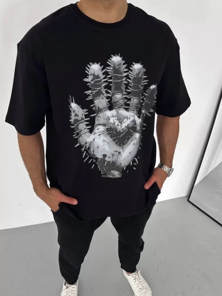 Unisex Bisiklet Yaka Baskılı Oversize T-Shirt - Siyah (106724)