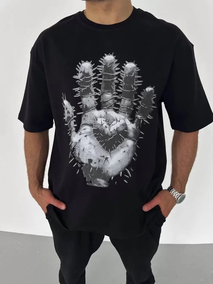 Unisex Bisiklet Yaka Baskılı Oversize T-Shirt - Siyah (106724)