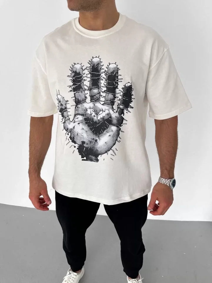 Unisex Bisiklet Yaka Baskılı Oversize T-Shirt - Beyaz (106725)