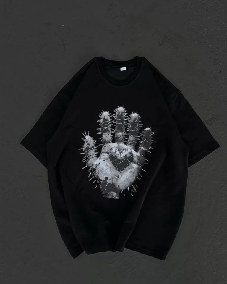 Unisex Bisiklet Yaka Baskılı Oversize T-Shirt - Siyah (106726)