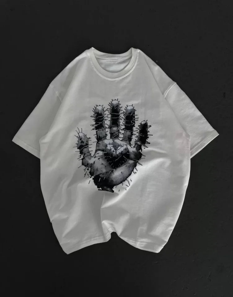 Unisex Bisiklet Yaka Baskılı Oversize T-Shirt - Beyaz (106728)