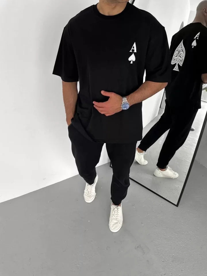 Unisex Bisiklet Yaka Baskılı Oversize T-Shirt - Siyah (106729)