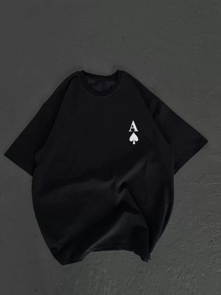 Unisex Bisiklet Yaka Baskılı Oversize T-Shirt - Siyah (106731)